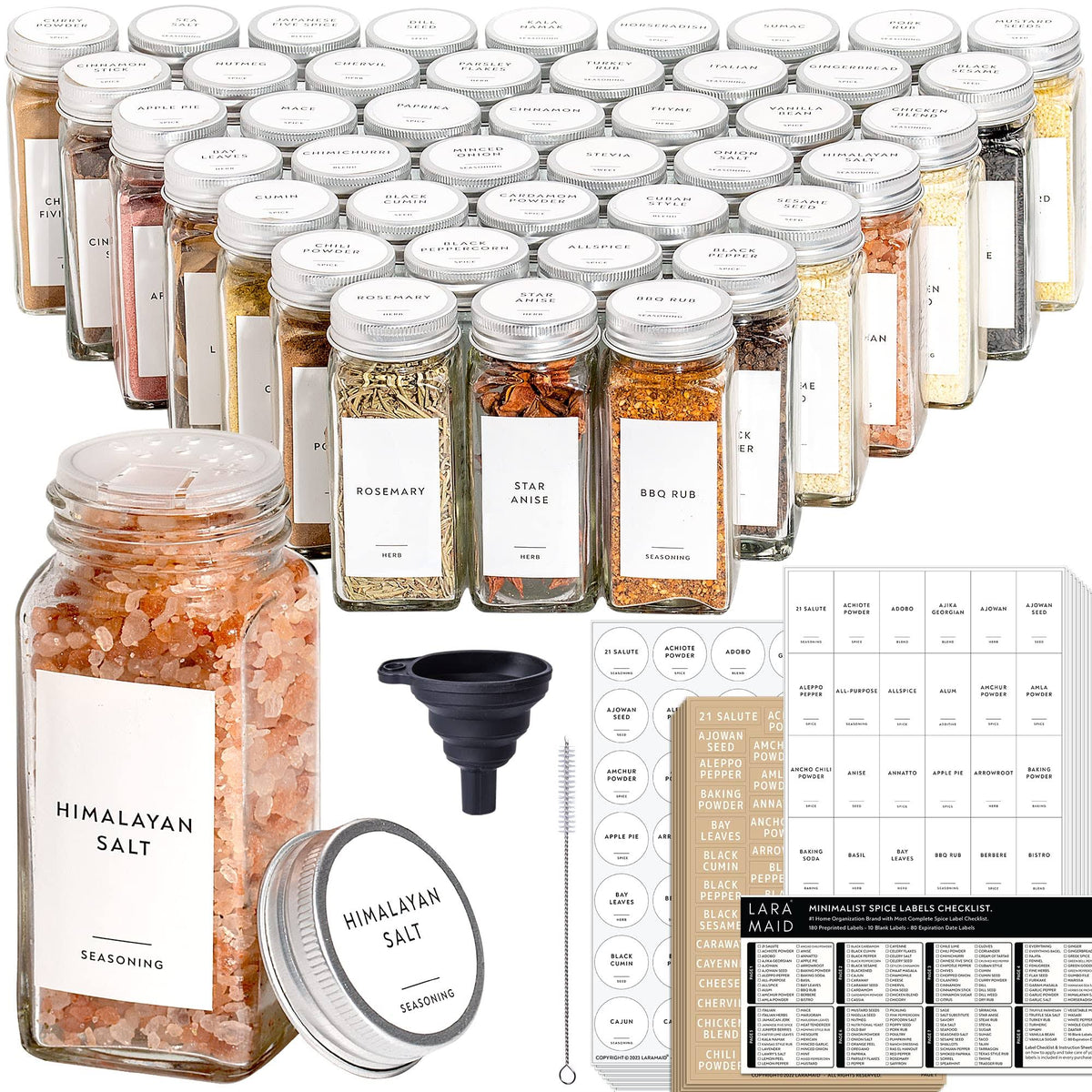 Laramaid 4oz 24Pack Spice Jars with 455 White Vinyl Spice Labels, Shaker Lids Dispenser with Airtight Silver Metal Caps, Cleaning Brush and