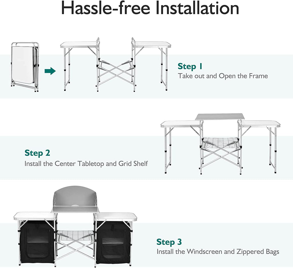 Camping Kitchen Table with Storage. Aluminum Portable Outdoor Cooking Table with Windscreen. Foldable Camp Table Cook Station for BBQ. Grill. Party. Picnics