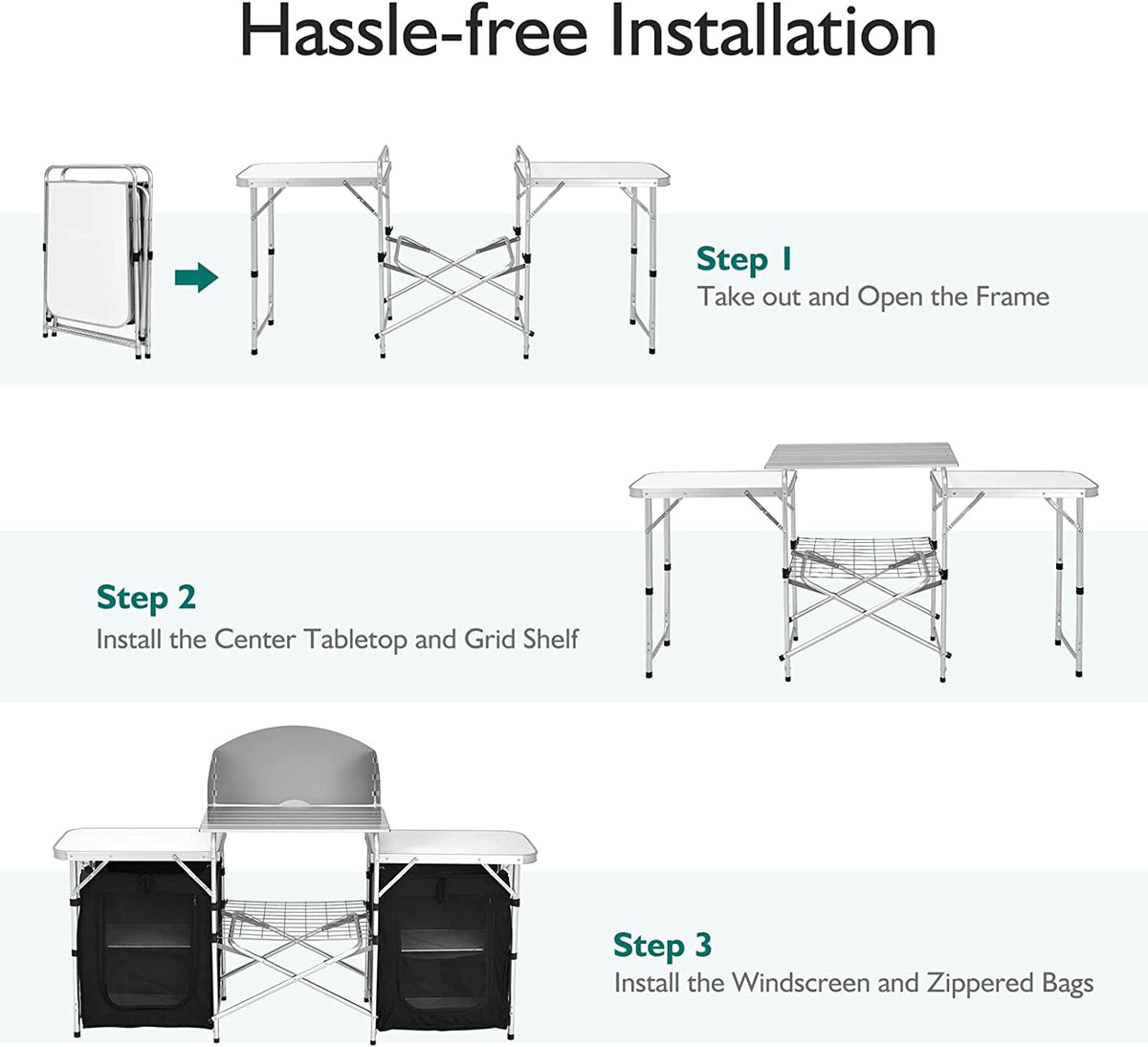 Camping Kitchen Table with Storage. Aluminum Portable Outdoor Cooking Table with Windscreen. Foldable Camp Table Cook Station for BBQ. Grill. Party. Picnics