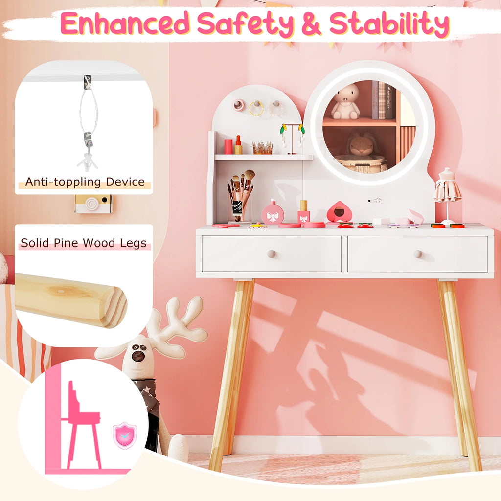 Gymax Kids Vanity Set W/ Lighted Mirror Princess Makeup Dressing Desk & Chair Set White