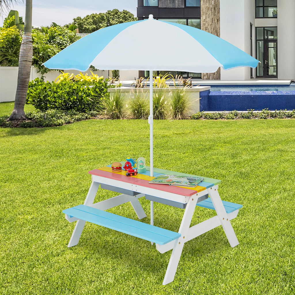 Costway 3 - in - 1 Kids Picnic Table Wooden Outdoor Sand & Water Table with Umbrella Play Boxes Green