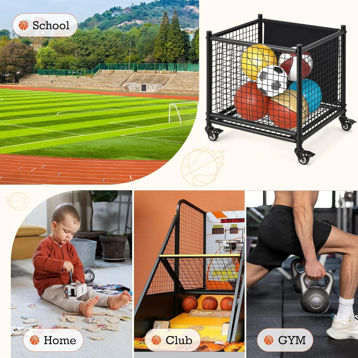 AECOJOY Ball Cart Storage, Rolling Basketball Bin with Wheels for Garage, School, Gym, Sports Equipment and Toy Organizer, Medium