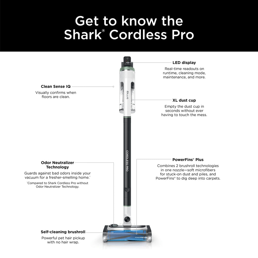 Shark Cordless Pro Stick Vacuum Cleaner, Clean Sense IQ Technology, Odor Neutralizer, Powerfins+ Brushroll