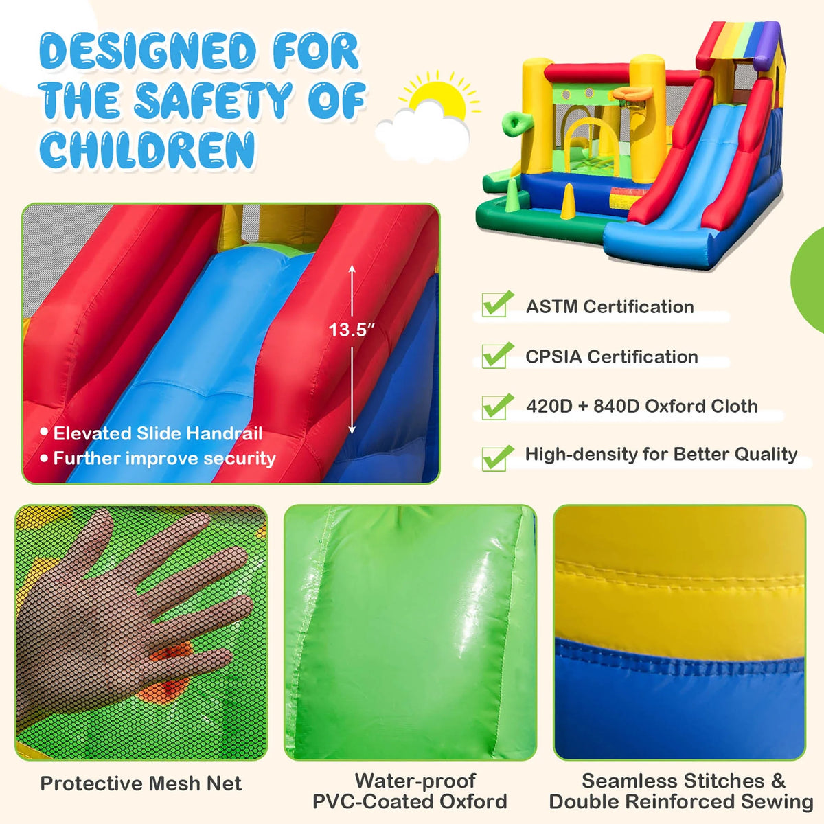 Costway Colorful Rainbow Kids Inflatable Bounce Castle with 50 Ocean Balls & 735W Blower