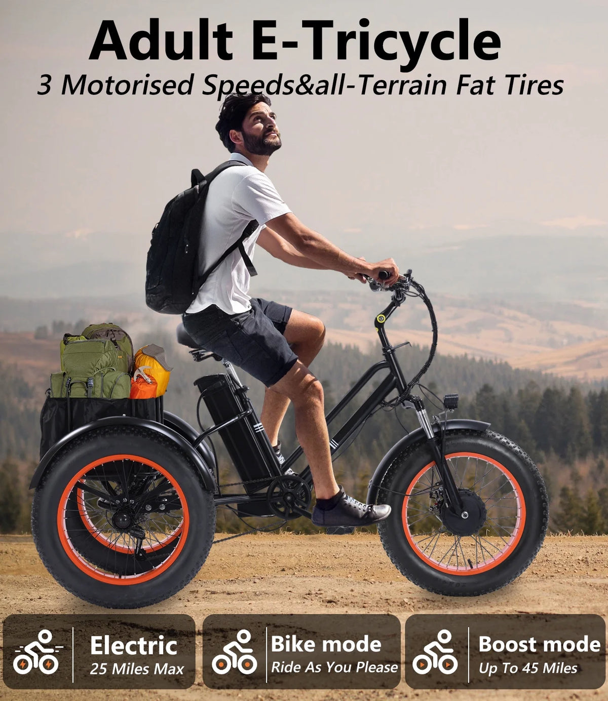 YEBEI Electric Tricycle for Adults Folding E - Trike Motorized Tricycle Electric 3 Wheels Trike Powerful 500W Motor Electric Tricycle 48V15AH Lithium Battery Max 20MPH 20*4.0" Fat Tire Orange