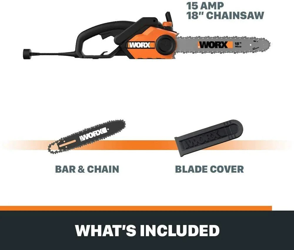 Worx WG304.2 18in 15 Amp Electric Chainsaw with Auto - Tension, Chain Brake