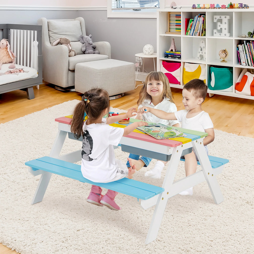 Costway 3 - in - 1 Kids Picnic Table Wooden Outdoor Sand & Water Table with Umbrella Play Boxes Green