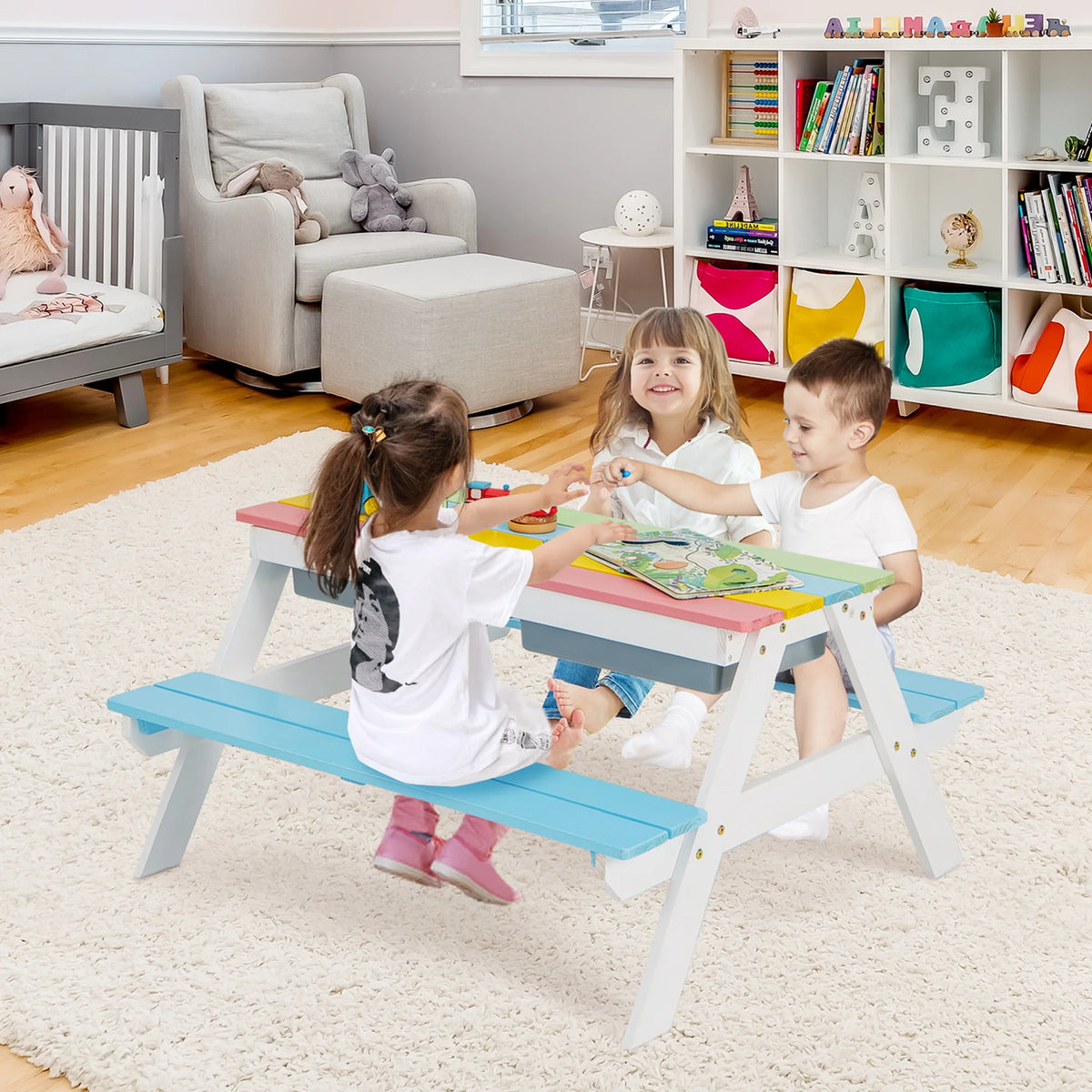 Costway 3 - in - 1 Kids Picnic Table Wooden Outdoor Sand & Water Table with Umbrella Play Boxes Green