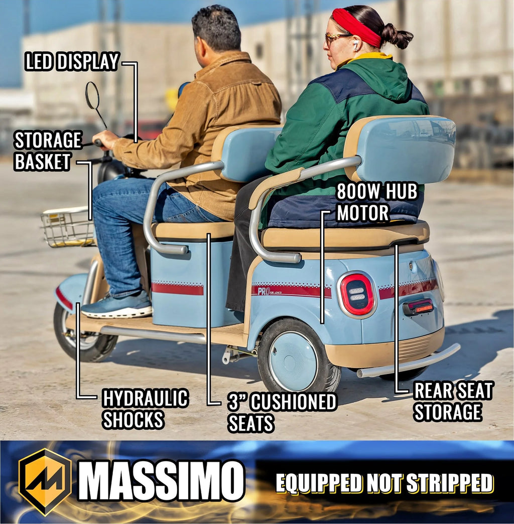 Massimo MGC E - Trike 3 - Wheel Electric Cart - 17 MPH, 2 - Seater Adult Scooter - Blue