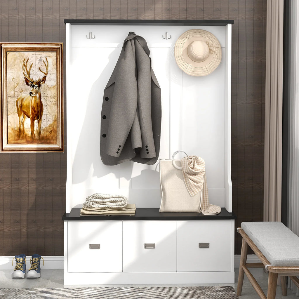Hall Tree with Upholstered Bench and Coat Rack, Entryway Bench with 3 Hooks, 3 Open Shelves, 2 Drawers & Storage Cabinets, Mudroom Bench with Storage and Hooks for Foyer, Entry Way, Hallway (Beige)