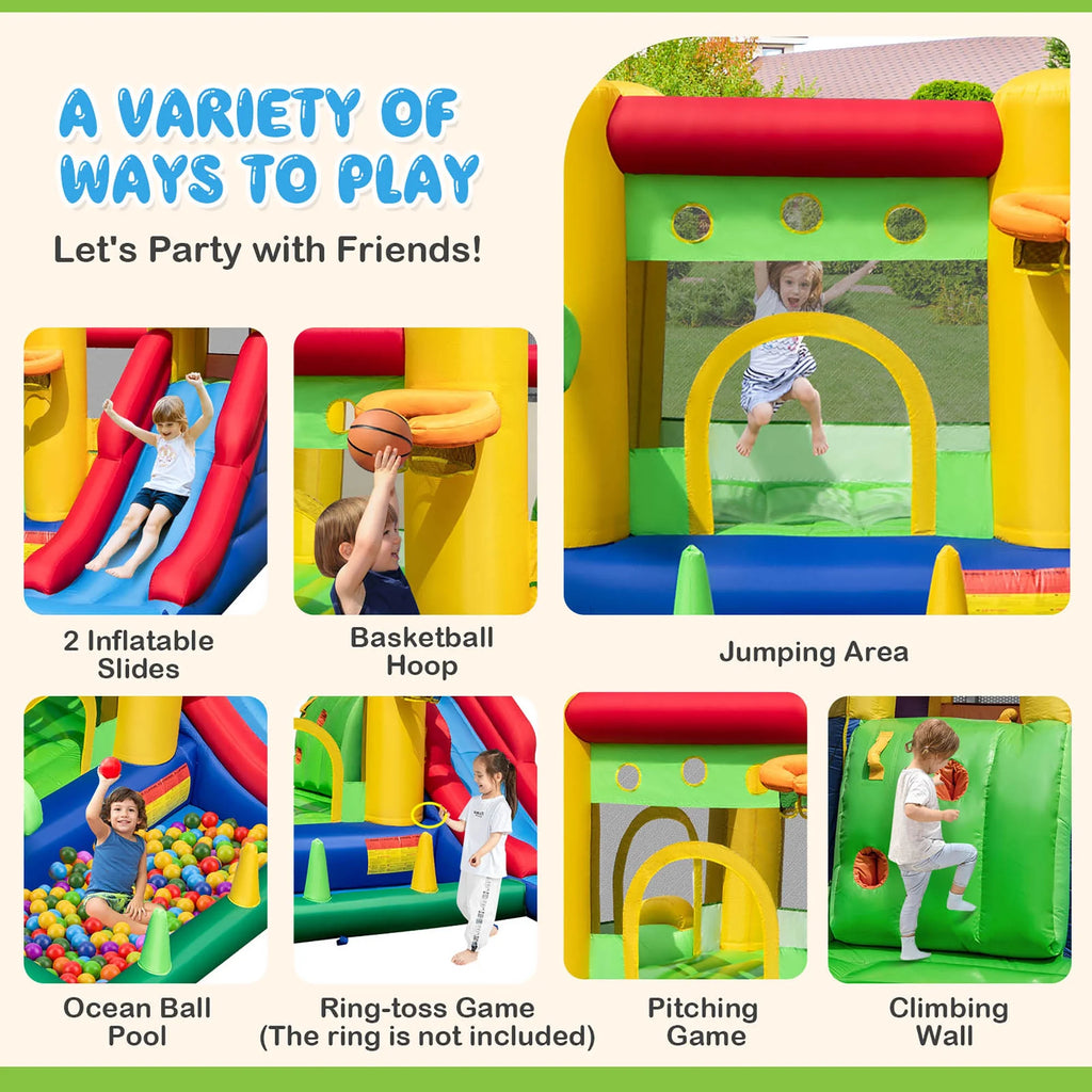 Costway Colorful Rainbow Kids Inflatable Bounce Castle with 50 Ocean Balls & 735W Blower