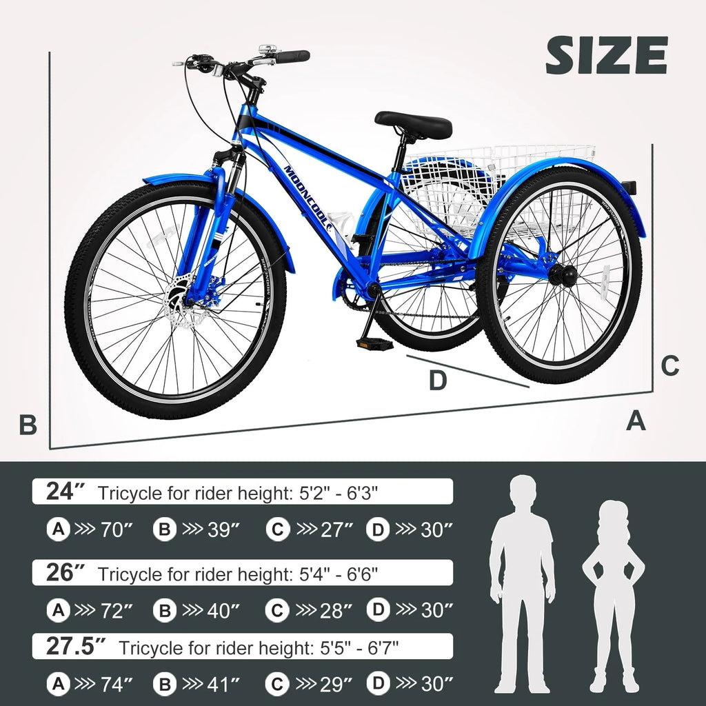 MOPHOTO 7 Speed 27.5" Adult Mountain Tricycle, Exercise Men'S Women'S Bicycle, 3 Wheel Cruiser Bike