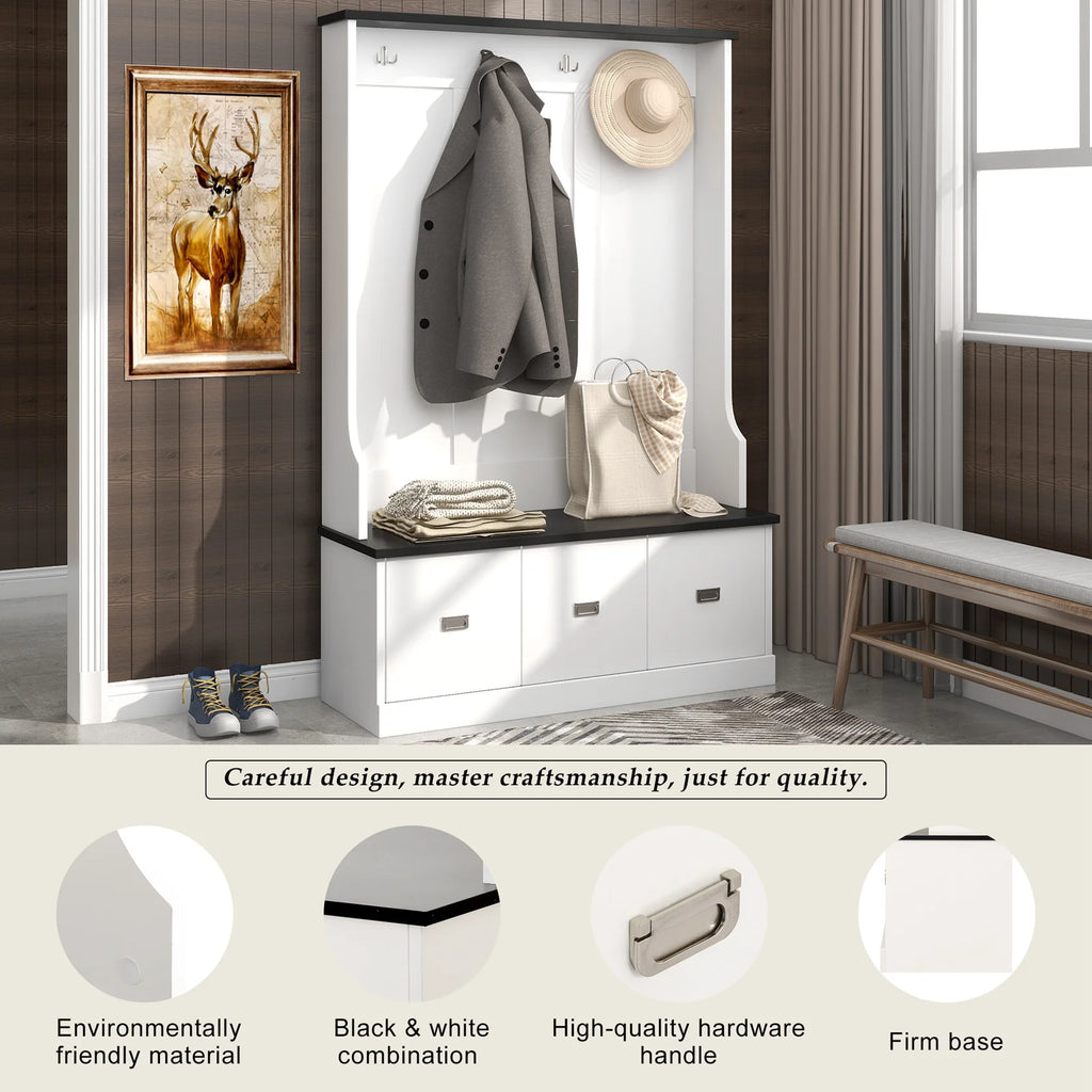 Hall Tree with Upholstered Bench and Coat Rack, Entryway Bench with 3 Hooks, 3 Open Shelves, 2 Drawers & Storage Cabinets, Mudroom Bench with Storage and Hooks for Foyer, Entry Way, Hallway (Beige)