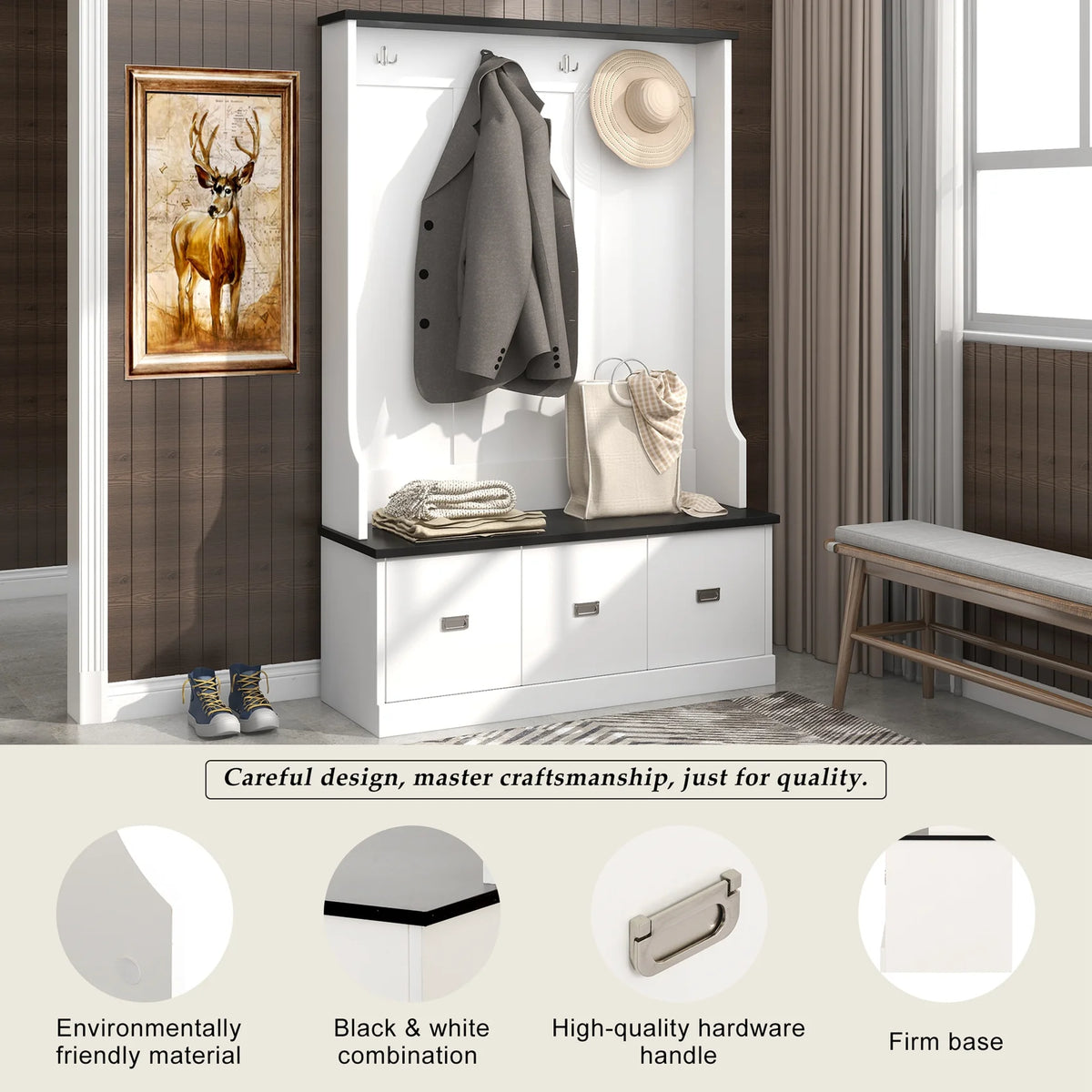 Hall Tree with Upholstered Bench and Coat Rack, Entryway Bench with 3 Hooks, 3 Open Shelves, 2 Drawers & Storage Cabinets, Mudroom Bench with Storage and Hooks for Foyer, Entry Way, Hallway (Beige)