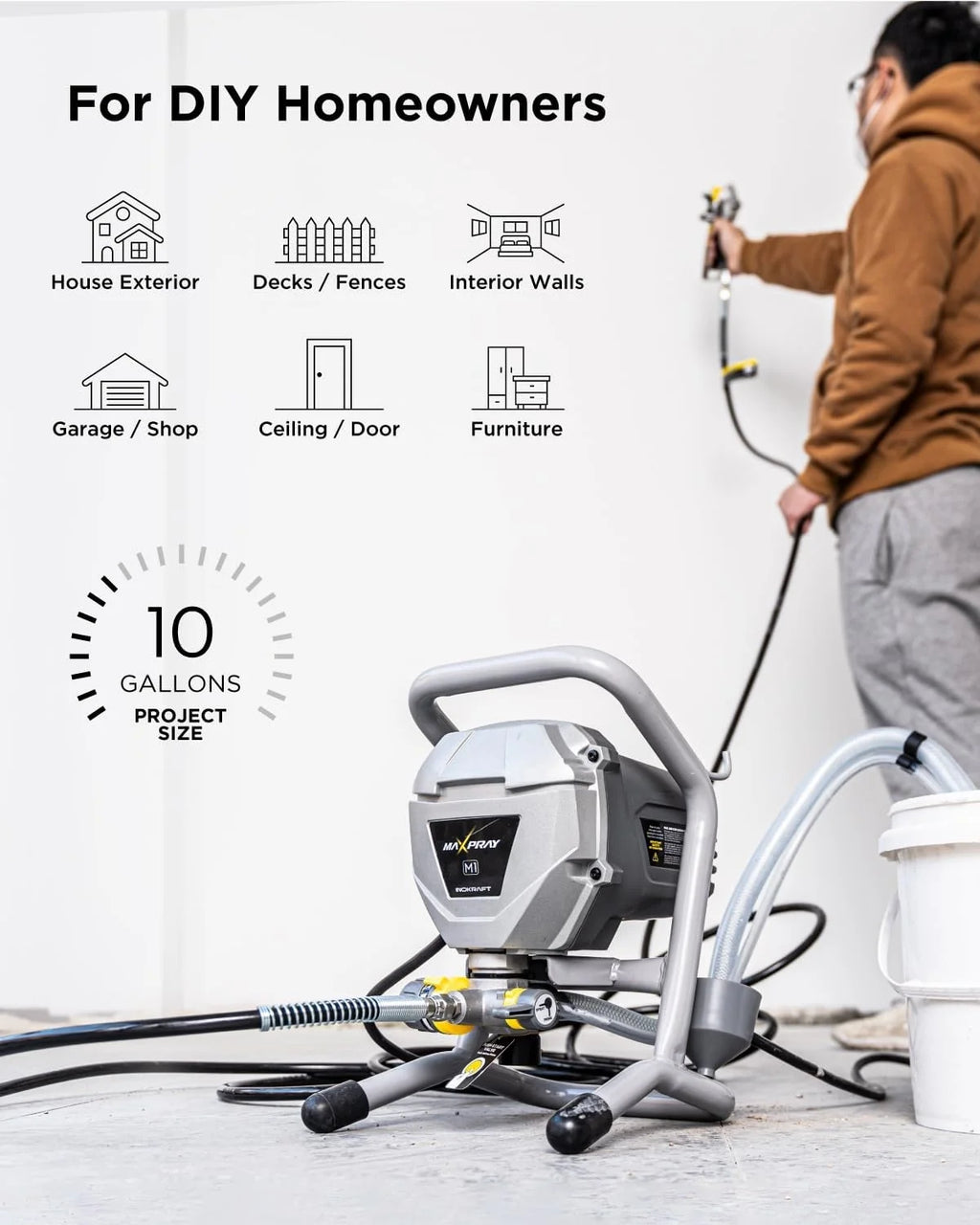 Inokraft M1, 466W, 120V Gray Power Paint Sprayer, 5 Gallon, 2 Spray Patterns, 0.29 GPM, 22.55 lb, 1 Piece