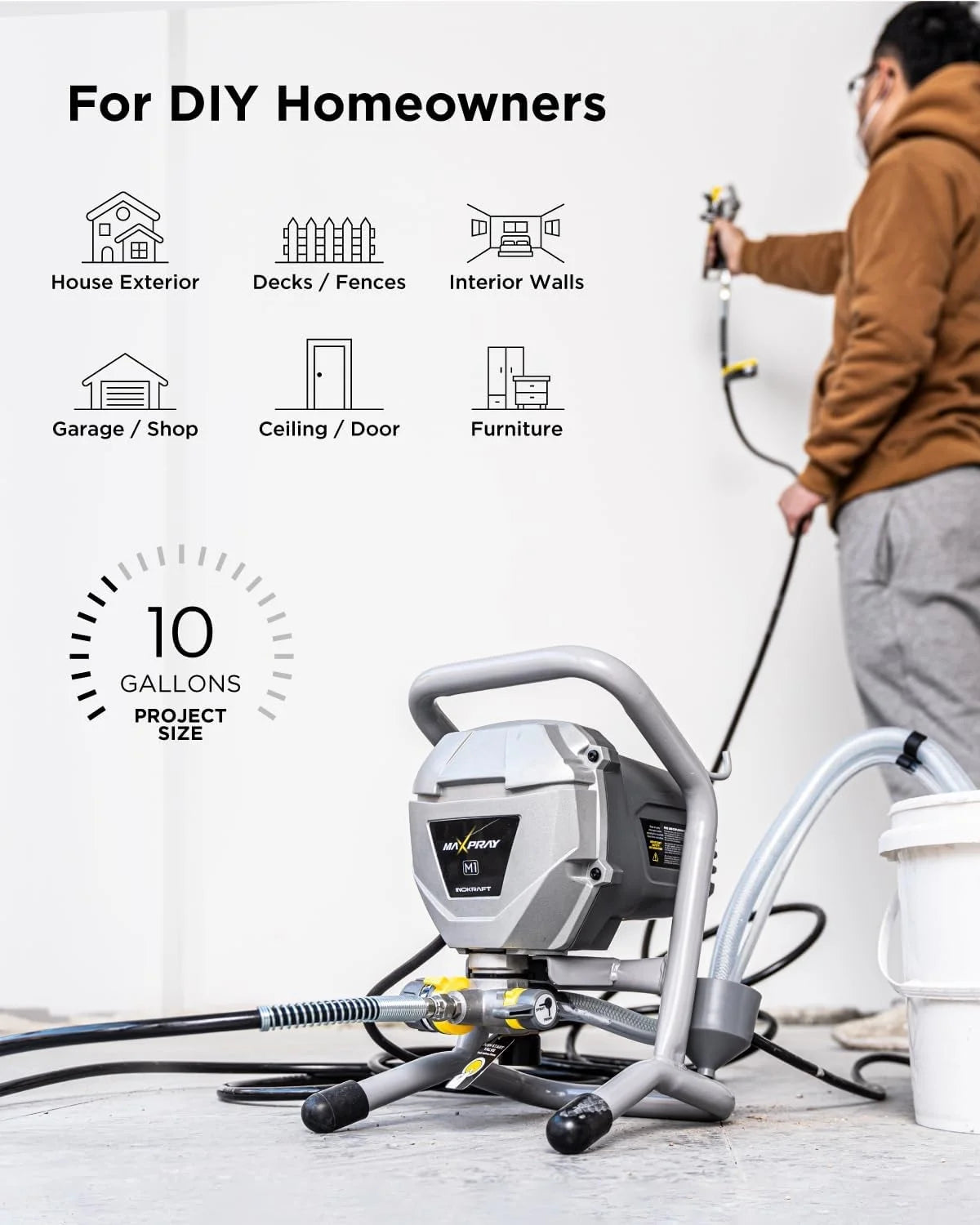 Inokraft M1, 466W, 120V Gray Power Paint Sprayer, 5 Gallon, 2 Spray Patterns, 0.29 GPM, 22.55 lb, 1 Piece