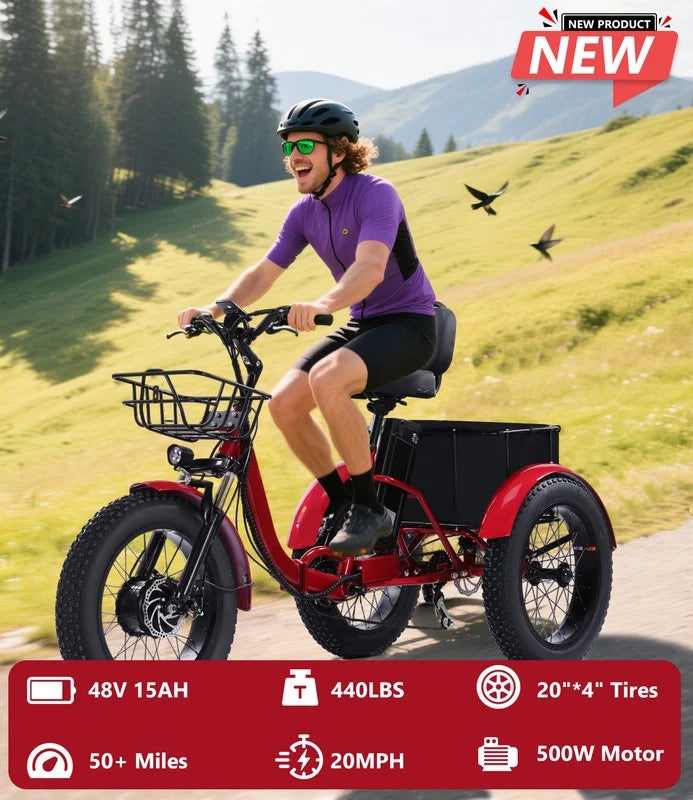 YEBEI Electric Tricycle for Adults Folding E - Trike Motorized Tricycle Electric 3 Wheels Trike Powerful 500W Motor Electric Tricycle 48V15AH Lithium Battery Max 20MPH 20*4.0" Fat Tire Orange