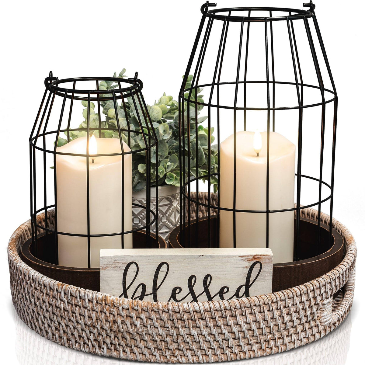 Rustic Farmhouse Lantern Decor - Stylish Decorative Lanterns for Your Living Room, Fireplace Mantle or Kitchen Dining Table - Modern Upscale Beauty