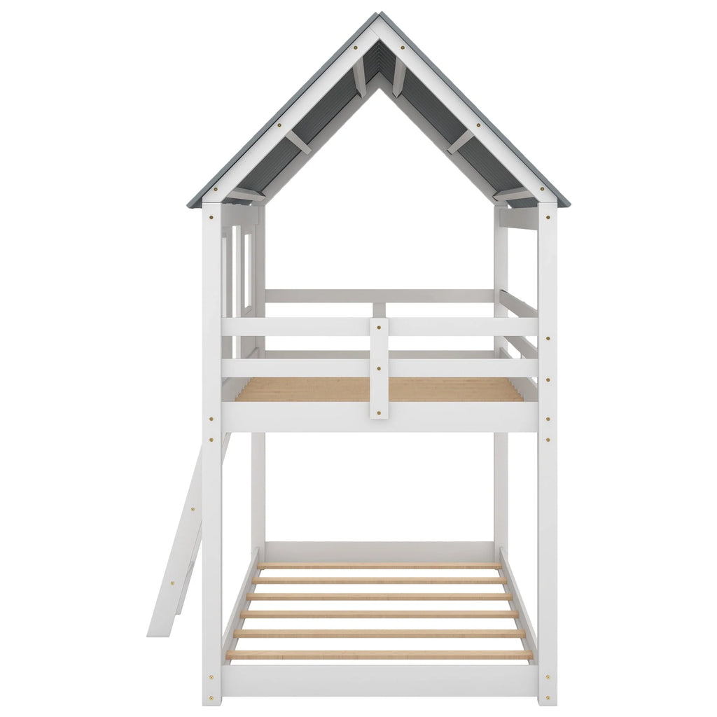 Euroco Twin Over Twin Low Bunk Bed with Roof and Guardrail for Kids Room, White