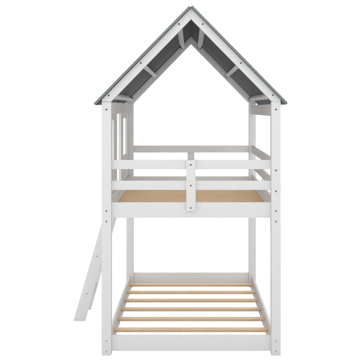 Euroco Twin Over Twin Low Bunk Bed with Roof and Guardrail for Kids Room, White