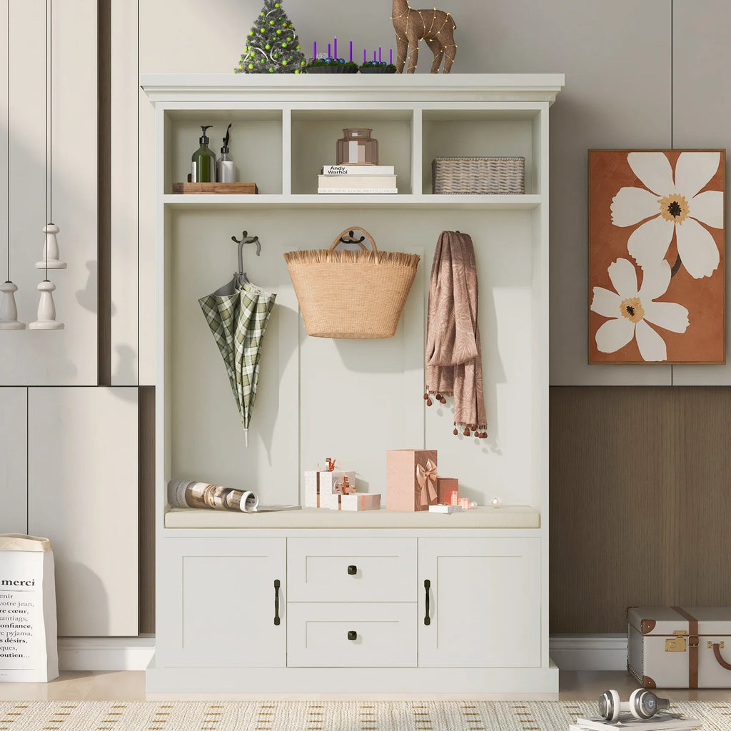 Hall Tree with Upholstered Bench and Coat Rack, Entryway Bench with 3 Hooks, 3 Open Shelves, 2 Drawers & Storage Cabinets, Mudroom Bench with Storage and Hooks for Foyer, Entry Way, Hallway (Beige)