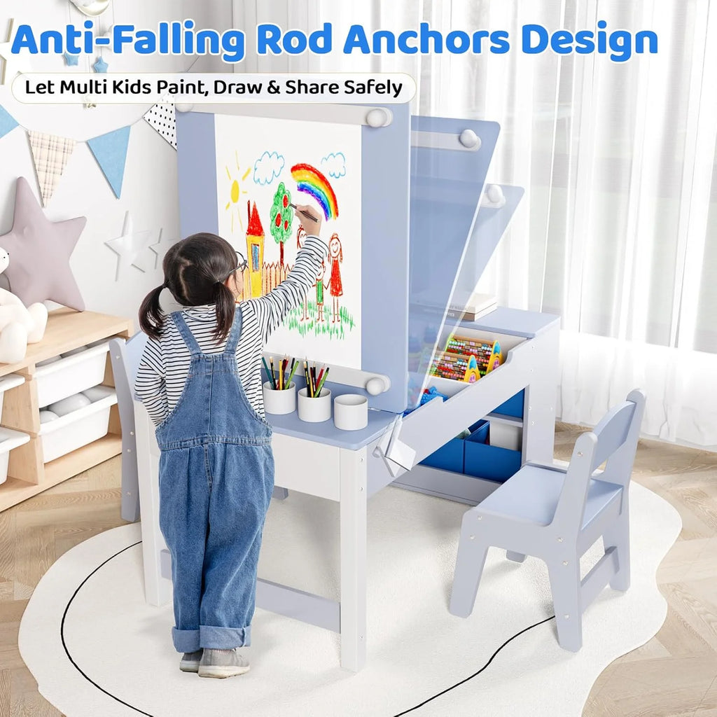LAZY BUDDY Kids Art Table and 2 Chairs Set, 2 in 1 Easel & Toddler Craft Table and Chairs Set with Storage Bins, Paint Cups and Paper Roll, Activity Table Set for Children 3+