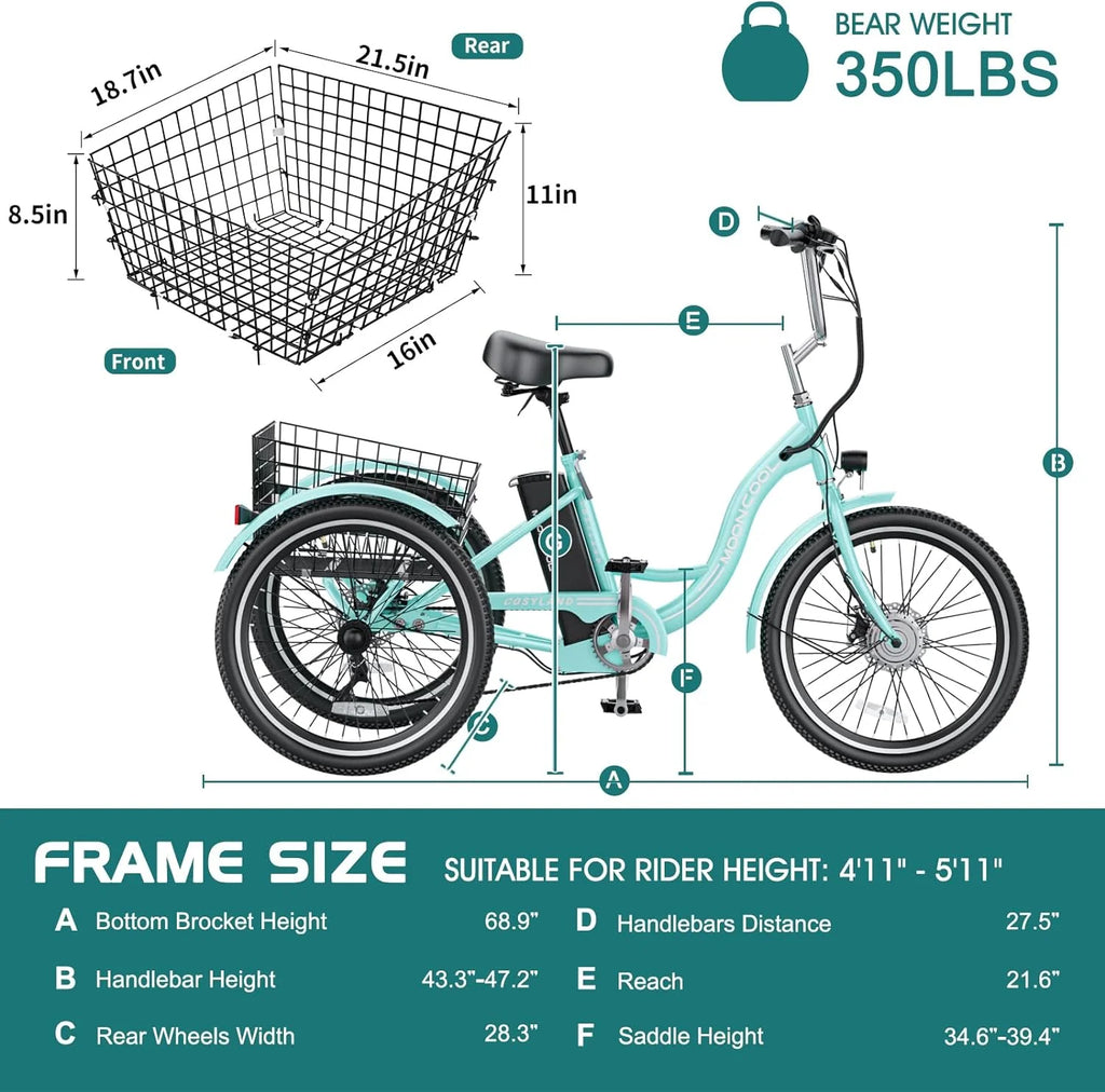 ABORON 24" 26" Electric Tricycles, 36V 10ah 350W Lithium Battery, 7 Speed E - Trike for Adults with Large Capacity Rear Basket & Adjustable Seat