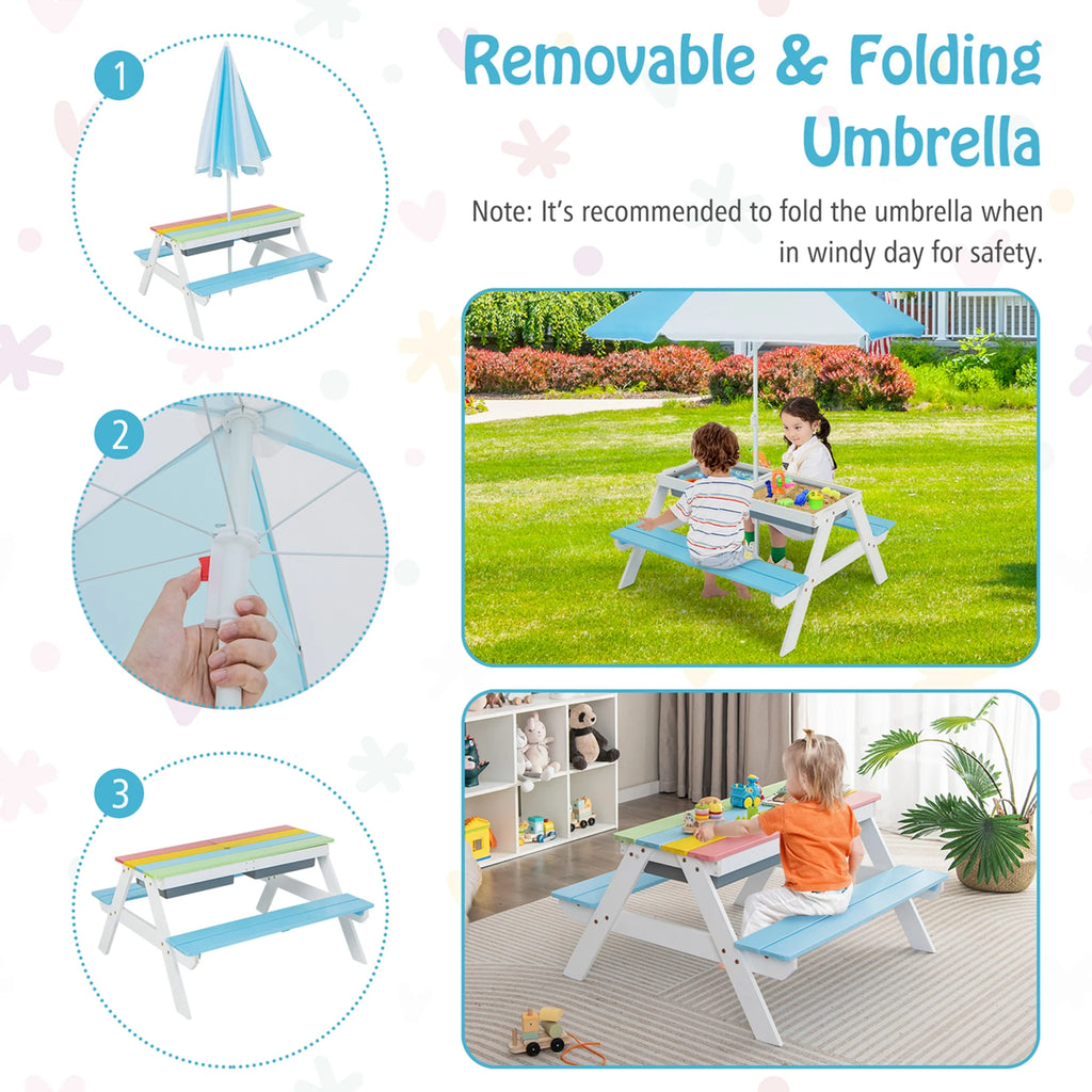 Costway 3 - in - 1 Kids Picnic Table Wooden Outdoor Sand & Water Table with Umbrella Play Boxes Green