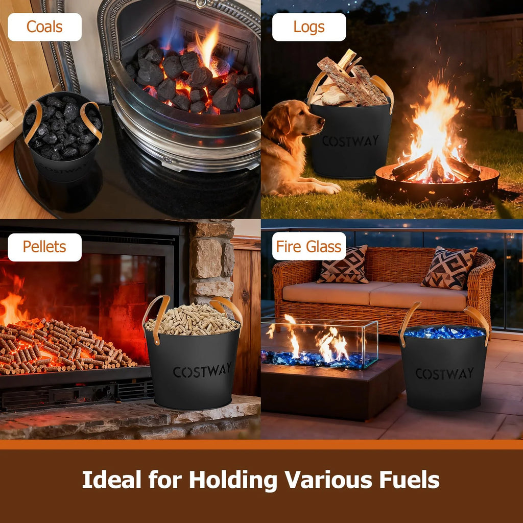 Tangkula Firewood Bucket Set of 2 with Reinforced Genuine Leather Handles