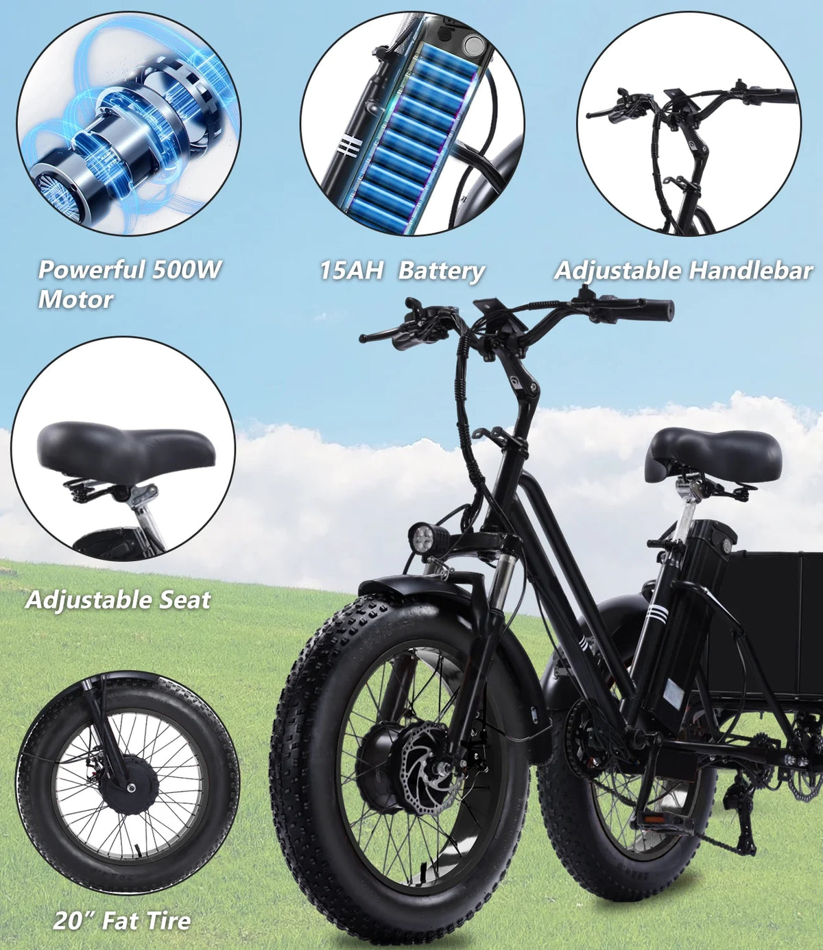 YEBEI Electric Tricycle for Adults Folding E - Trike Motorized Tricycle Electric 3 Wheels Trike Powerful 500W Motor Electric Tricycle 48V15AH Lithium Battery Max 20MPH 20*4.0" Fat Tire Orange