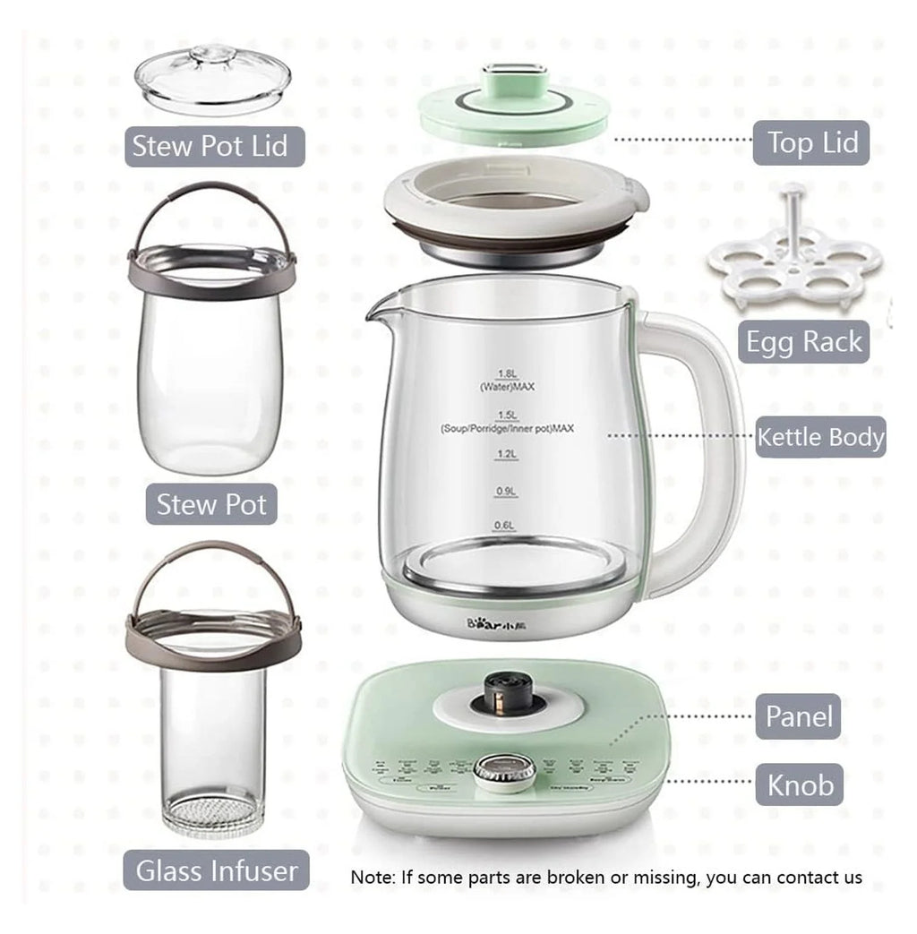 Bear Electric Kettle with Infuser & Stew Pot - 1.8 L Health Pot, 16 Menus, Glass Kettle, Tea Maker, 120V, Green