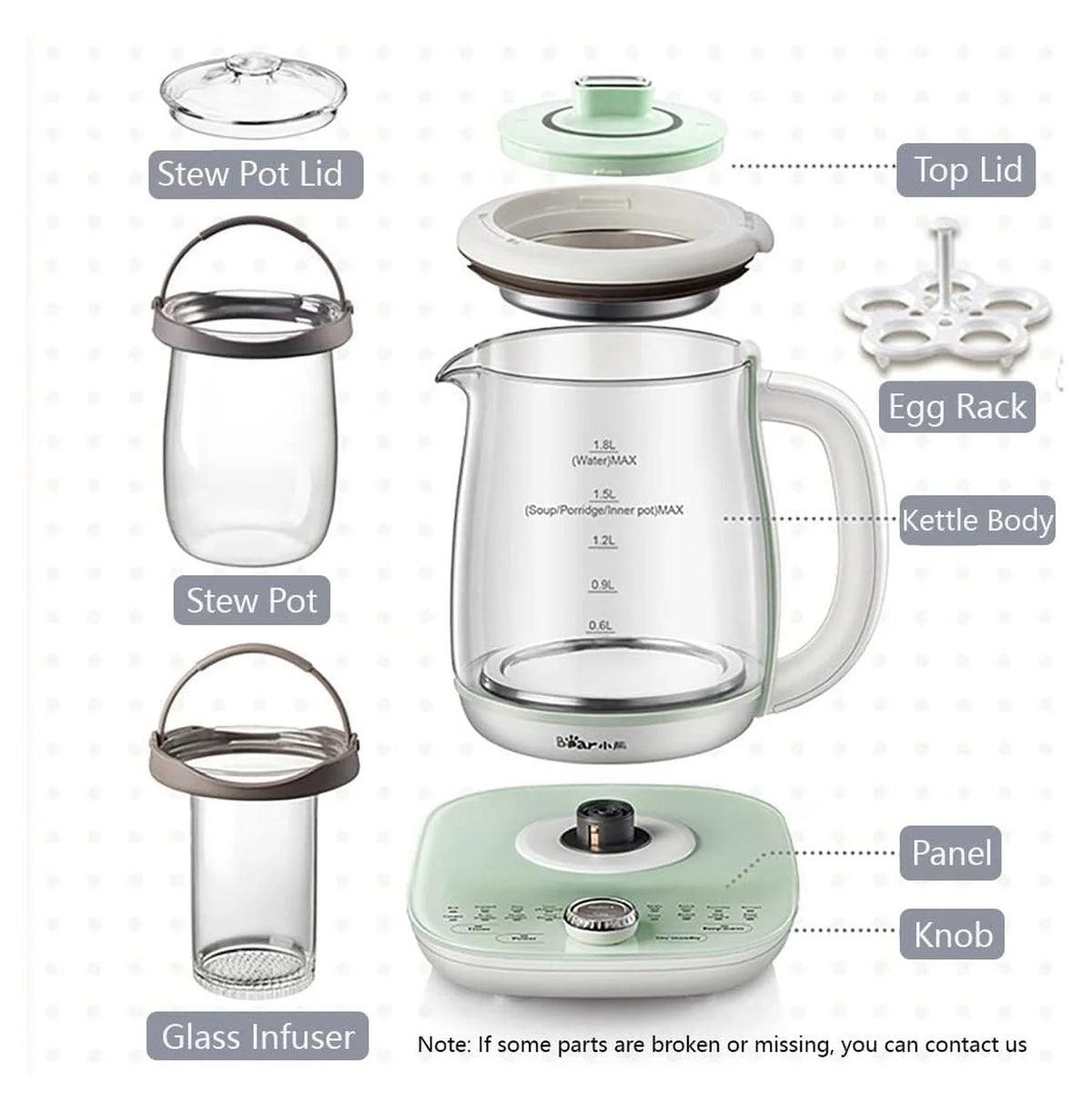 Bear Electric Kettle with Infuser & Stew Pot - 1.8 L Health Pot, 16 Menus, Glass Kettle, Tea Maker, 120V, Green