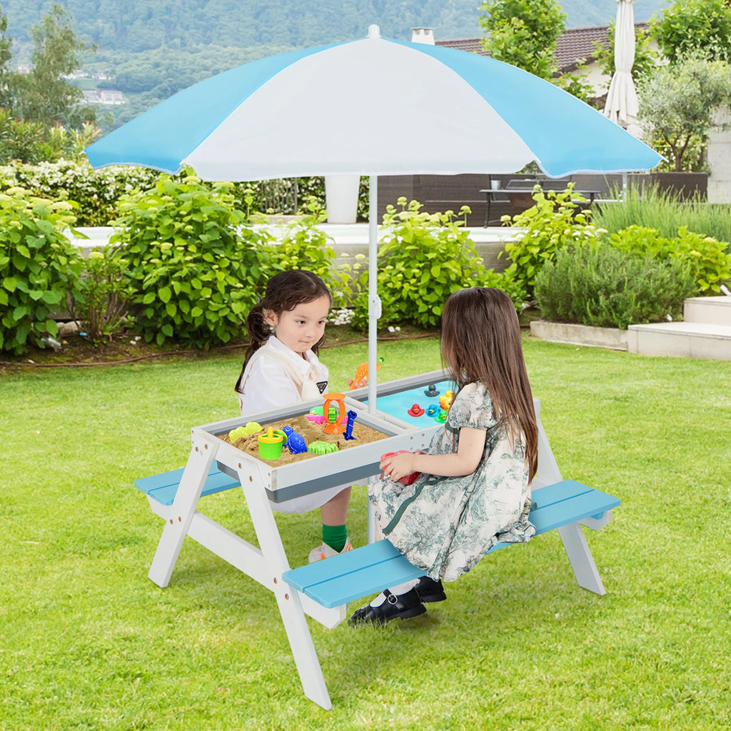 Costway 3 - in - 1 Kids Picnic Table Wooden Outdoor Sand & Water Table with Umbrella Play Boxes Green
