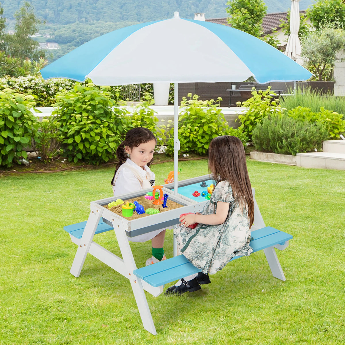 Costway 3 - in - 1 Kids Picnic Table Wooden Outdoor Sand & Water Table with Umbrella Play Boxes Green