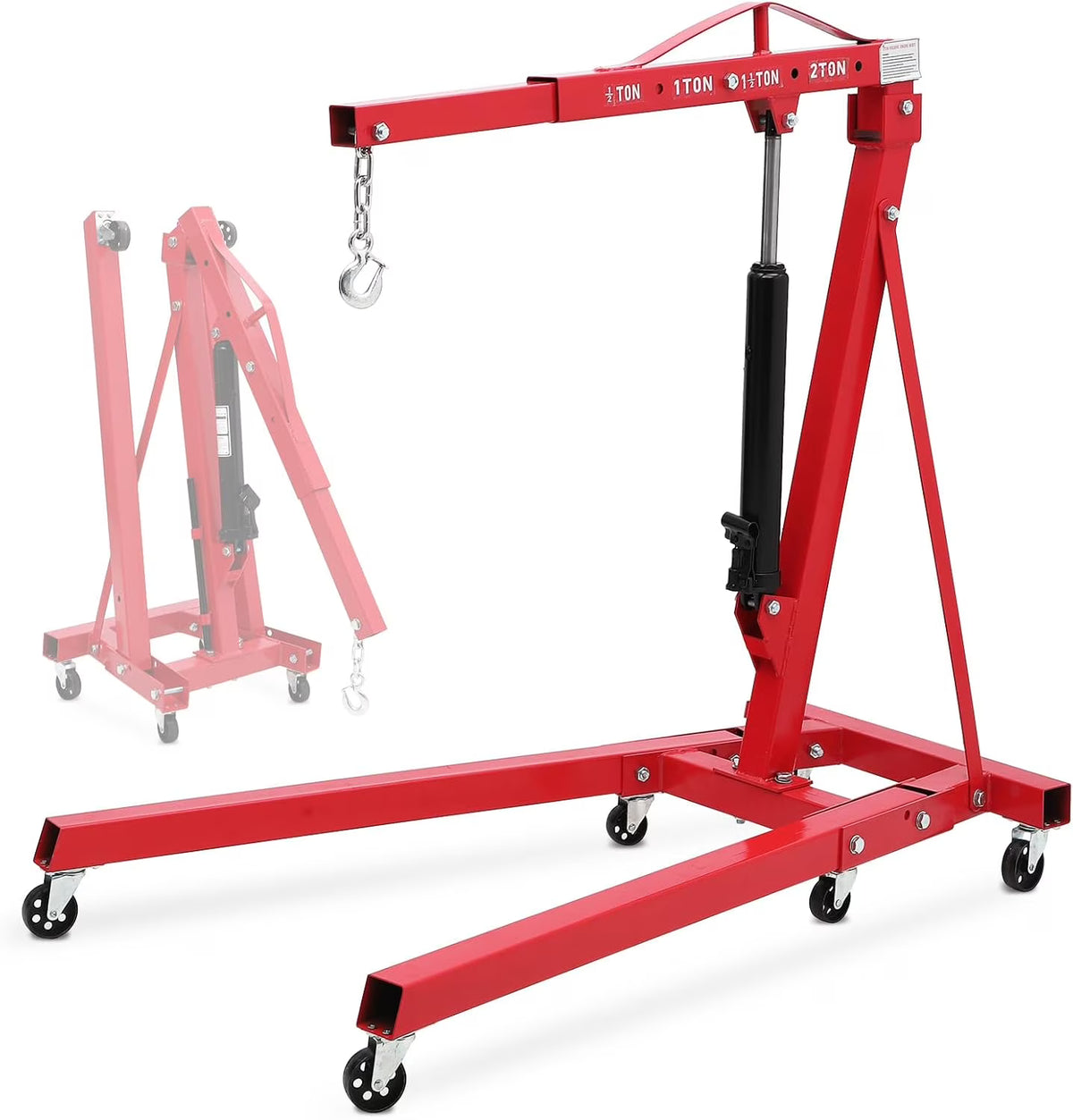 Ladcaser 2 Ton Engine Hoist, Folding Cherry Picker Engine Hoist with Lever and 6 Casters, 4400 lb Heavy Duty Hydraulic Shop Crane, Engine Crane Lifter for Workshops Garage Warehouse