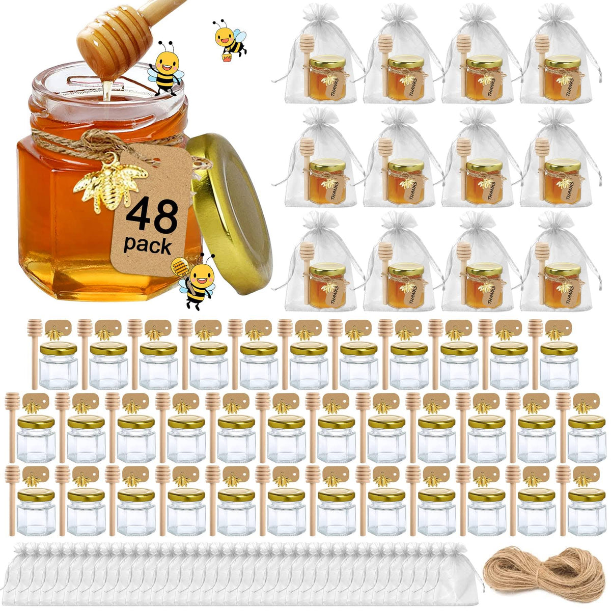 Aliggbent Honey Jars,48 Pack Mini Honey Jars Party Favors in Bulk, 15 oz Hexagon Small Glass Honey Jars with Dipper, Gold Lids, Cute Bee Pendants, Gif