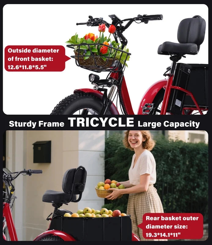 YEBEI Electric Tricycle for Adults Folding E - Trike Motorized Tricycle Electric 3 Wheels Trike Powerful 500W Motor Electric Tricycle 48V15AH Lithium Battery Max 20MPH 20*4.0" Fat Tire Orange