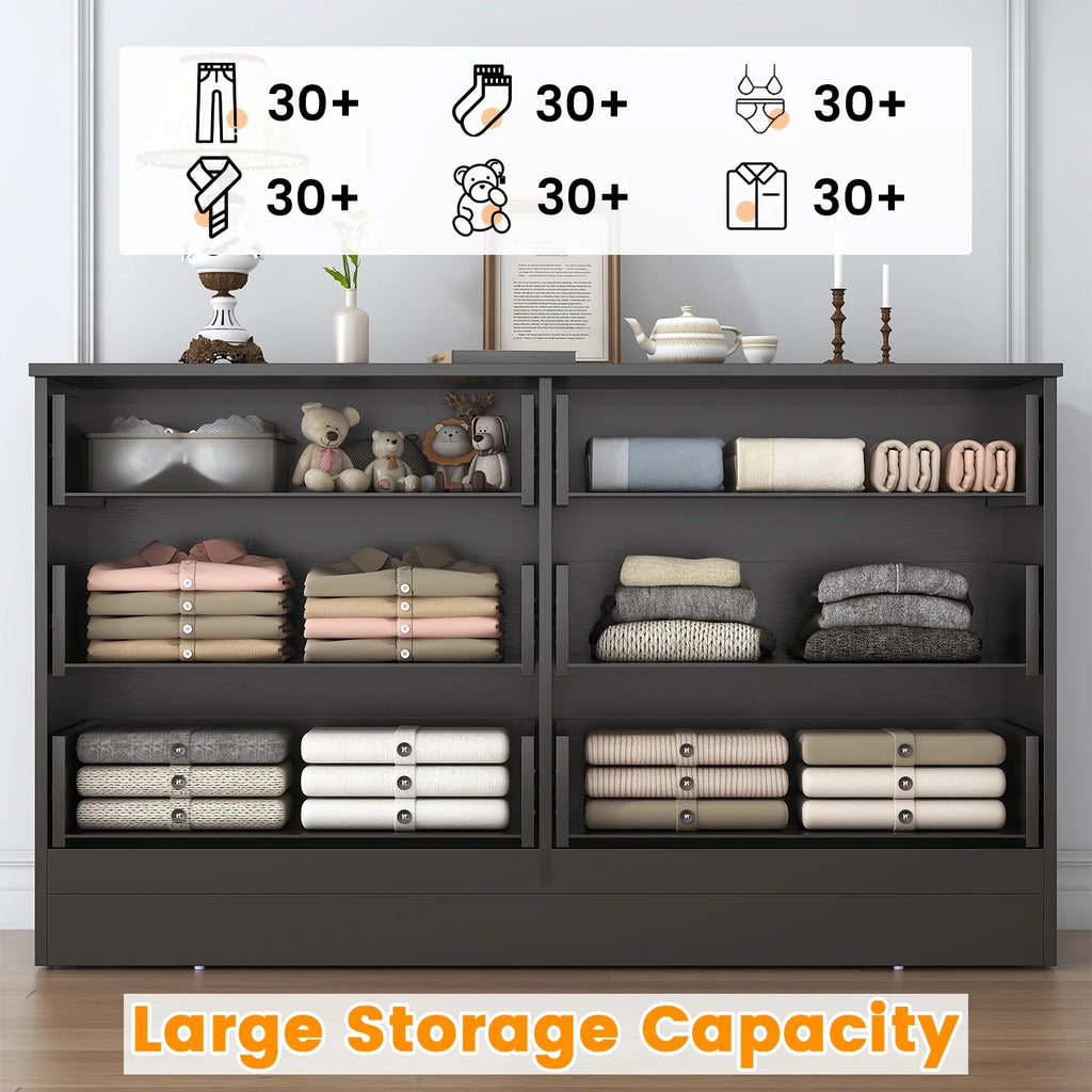 Winkalon 6 Drawer White Double Dresser, Wood Storage Cabinet with Easy Pull Out Handles for Living Room, Chest of Drawers for Bedroom