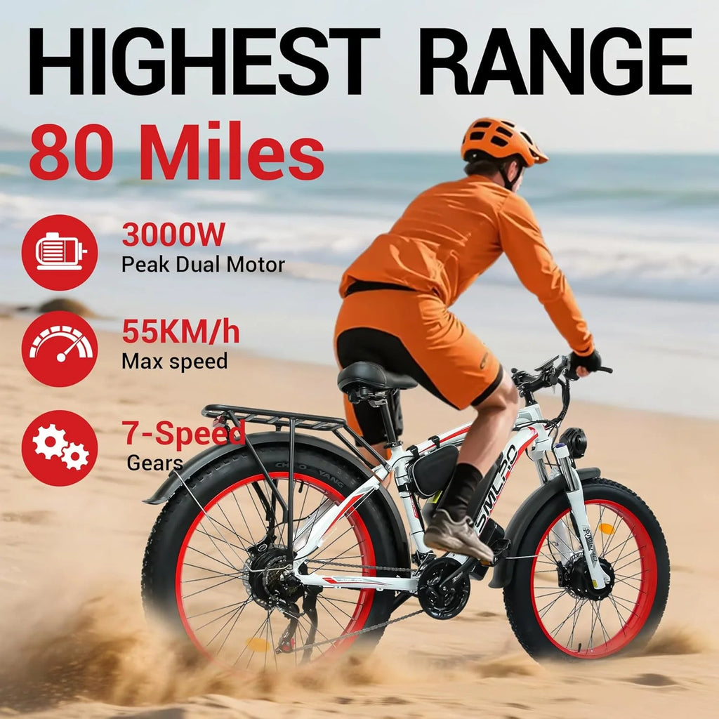 3000W Peak Dual Motor Ebike, 52V 30AH Battery Electric Bike for Adults, 7 - Speed 40MPH AWD Ebike Mountain Snow E - Bike with 26" x 4.0 Fat Tire MTB Hydraulic Disc Brake for Off - Road Snow