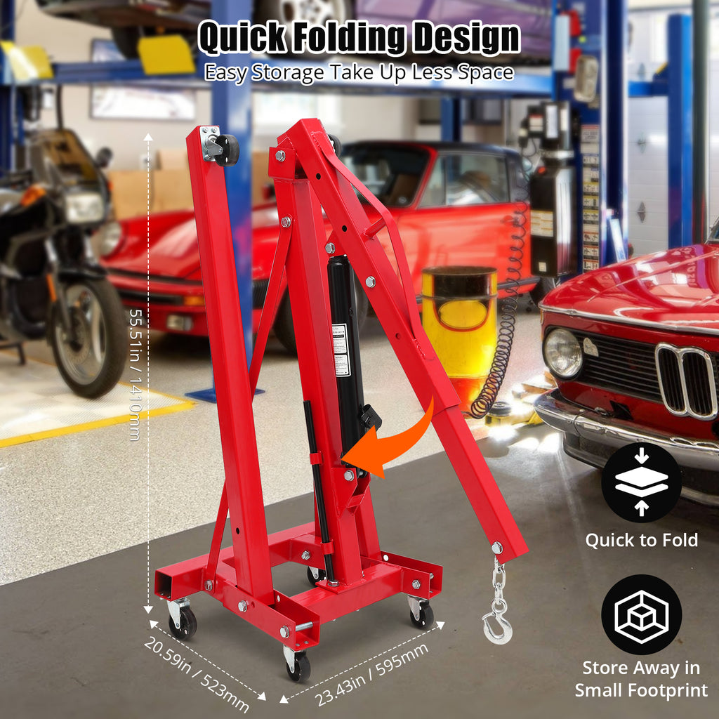 Ladcaser 2 Ton Engine Hoist, Folding Cherry Picker Engine Hoist with Lever and 6 Casters, 4400 lb Heavy Duty Hydraulic Shop Crane, Engine Crane Lifter for Workshops Garage Warehouse