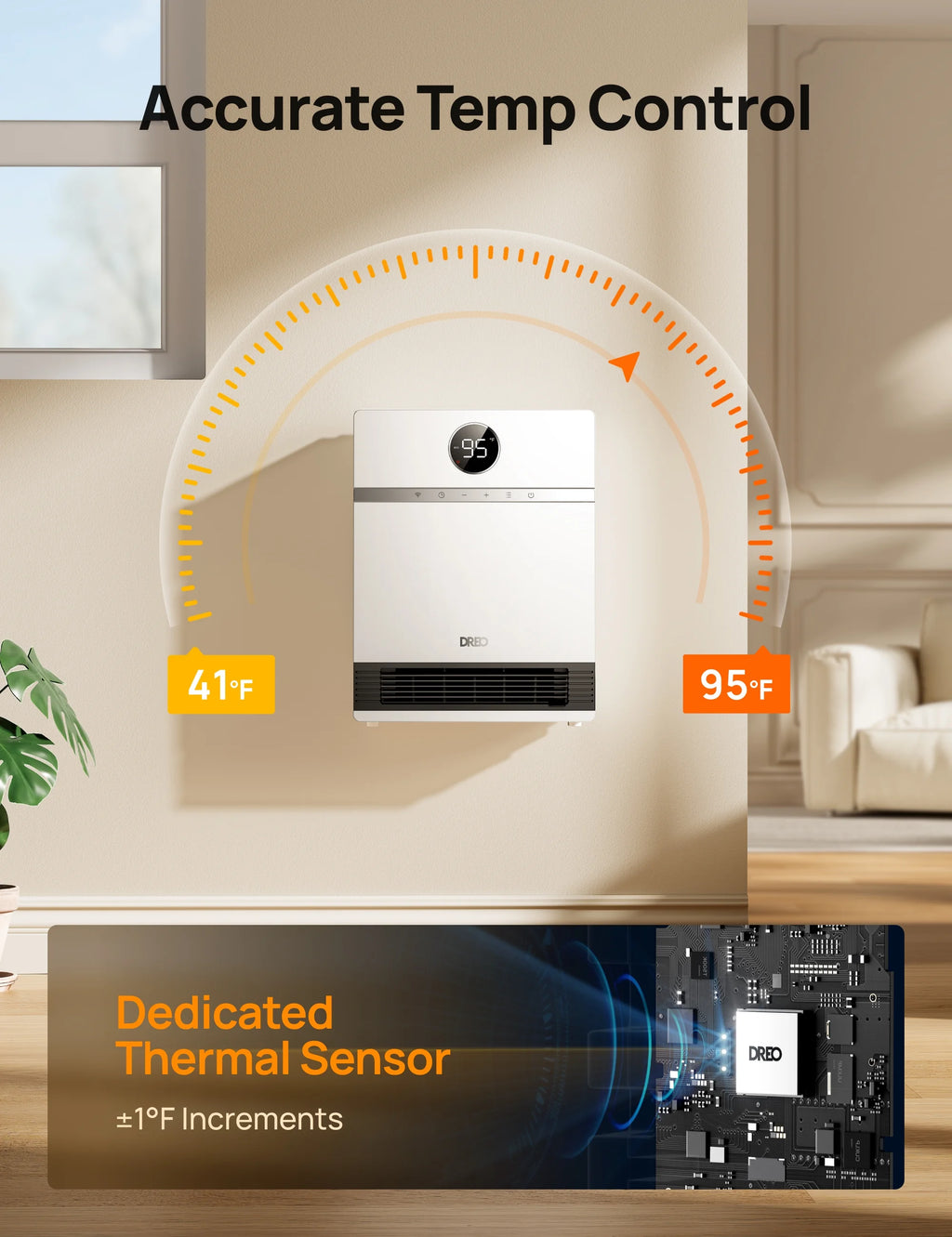 Dreo Smart Wall Heater, IP24 Electric PTC Space for Indoor Use, 30 Oscillation, Adjustable Thermostat, Remote Control, Works with Alexa, 24H Timer, Easy - Mounted for Bedroom, Office