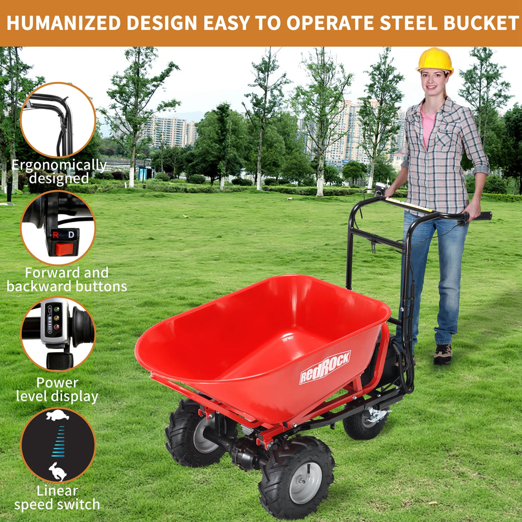 Redrock Wheelbarrow Utility Cart Electric Powered Cart 48v28ah 500W Capacity 500 lb (230kg) Material Debris Hauler 1000 lb Towing