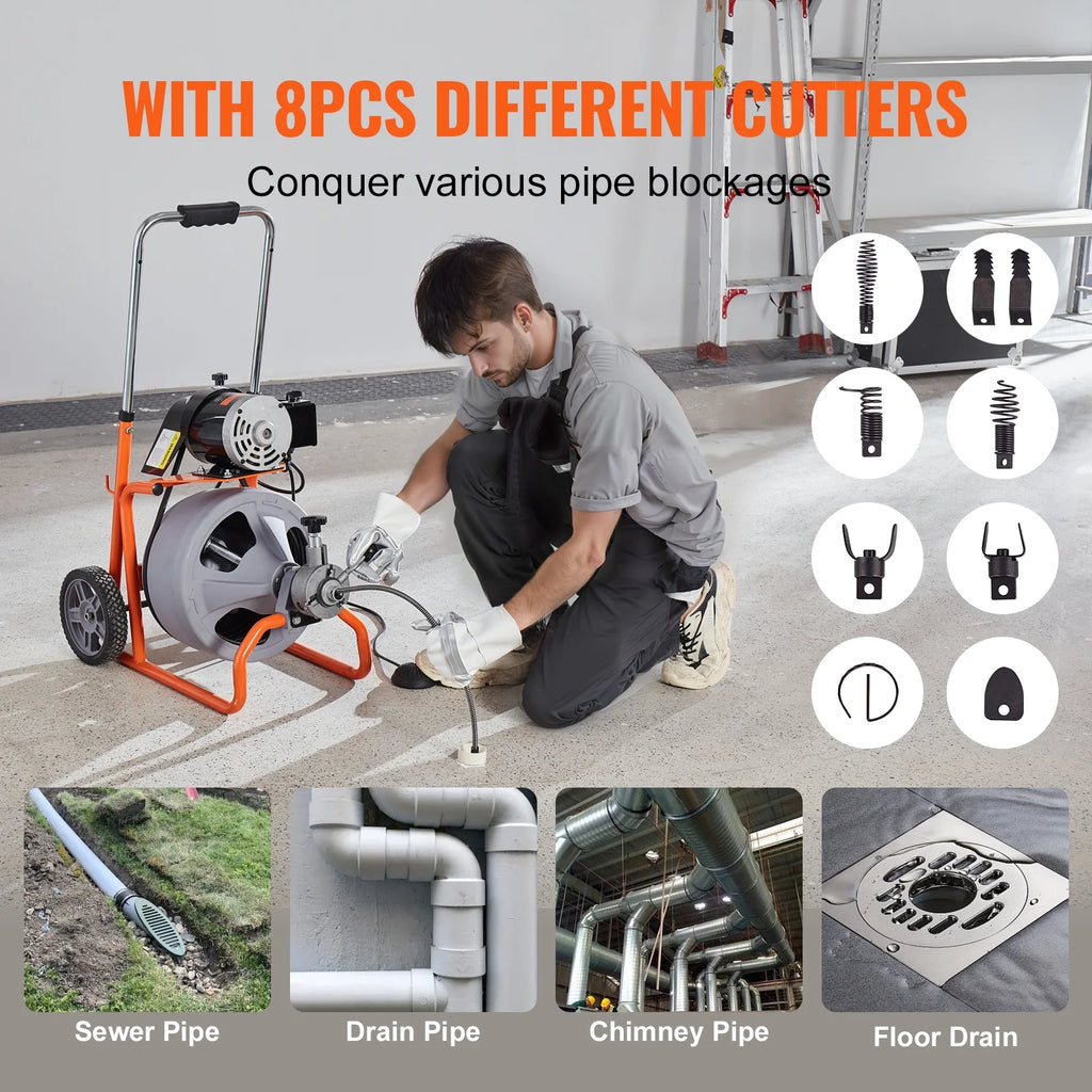 VEVOR Drain Cleaner Machine 100FT x 3/8 in, Auto Feed Sewer Snake Drain Auger on Wheels, Portable Drain Cleaning Machine with 8 Cutters & Air - Activated Foot Switch for 2" to 4" Pipes