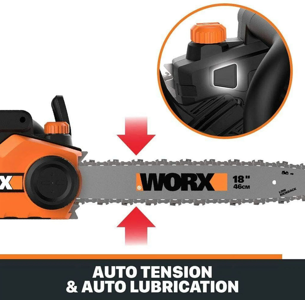Worx WG304.2 18in 15 Amp Electric Chainsaw with Auto - Tension, Chain Brake