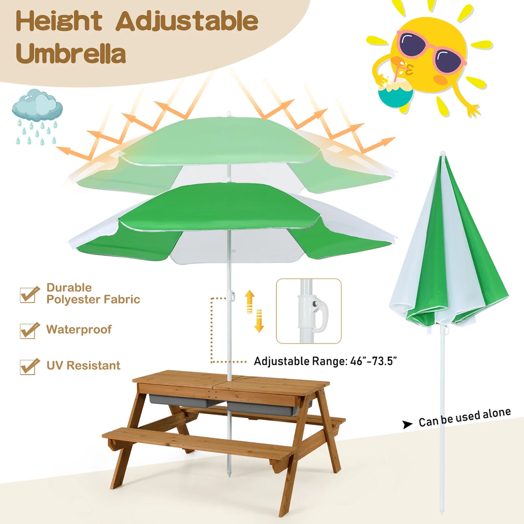 Costway 3 - in - 1 Kids Picnic Table Wooden Outdoor Sand & Water Table with Umbrella Play Boxes Green