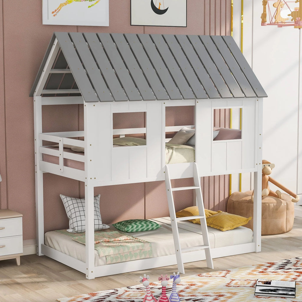 Euroco Twin Over Twin Low Bunk Bed with Roof and Guardrail for Kids Room, White