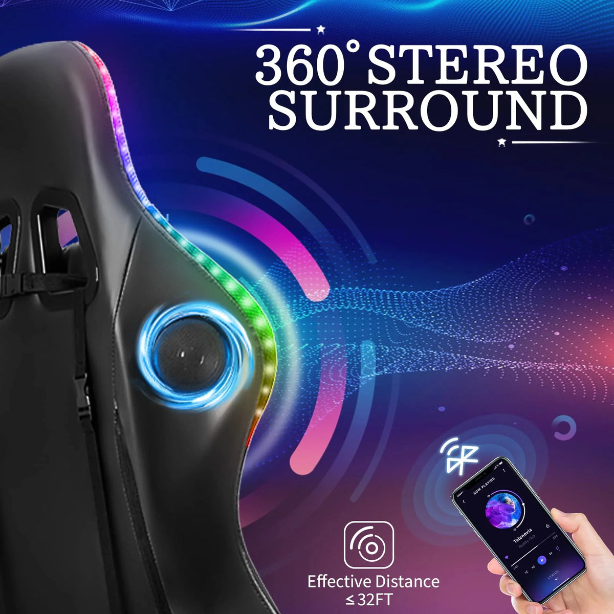 RGB Gaming Chair with Speakers Massage Computer Gaming Chair with LED Lights and Footrest High Back Video Game Chair for Adults Blue and Black