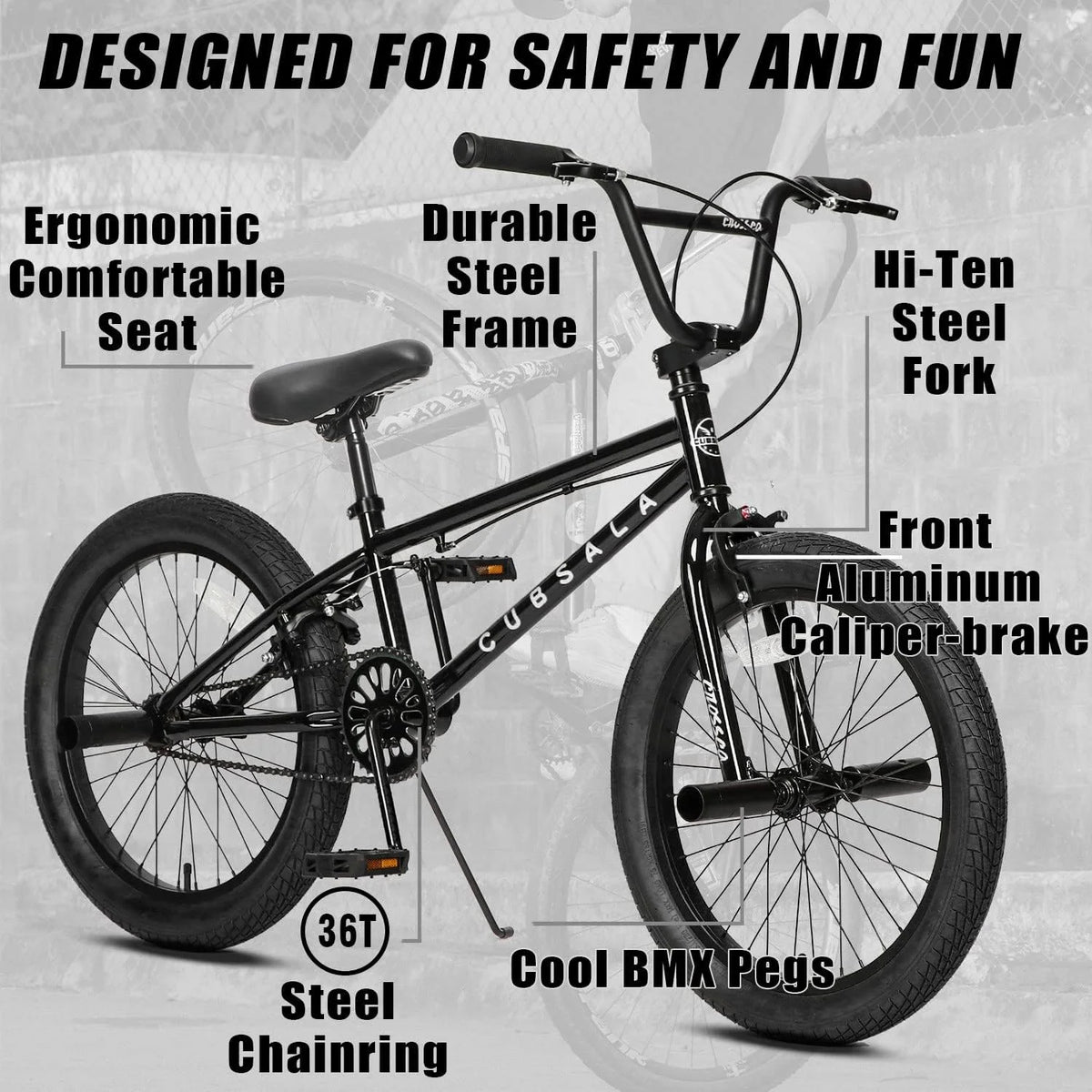 Cubsala 20 in Kids BMX Bike Freestylefor Age 6 - 14 Years Old Boys Girls with 4 Pegs, Black with Red Tires
