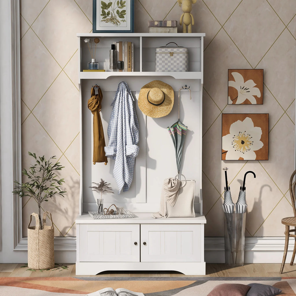 Hall Tree with Upholstered Bench and Coat Rack, Entryway Bench with 3 Hooks, 3 Open Shelves, 2 Drawers & Storage Cabinets, Mudroom Bench with Storage and Hooks for Foyer, Entry Way, Hallway (Beige)