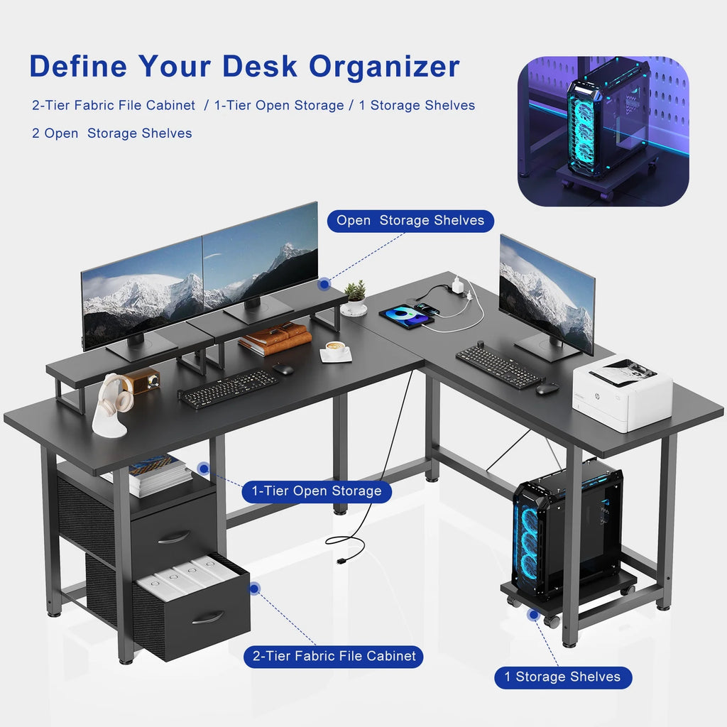 Lofka L Shaped Gaming Desk with Power Outlets, Computer Desk with Shelf and Drawers for Home /Office, Black